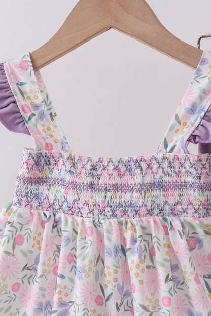 Purple floral smocked ruffle bloomer set