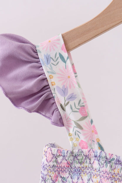 Purple floral smocked ruffle dress