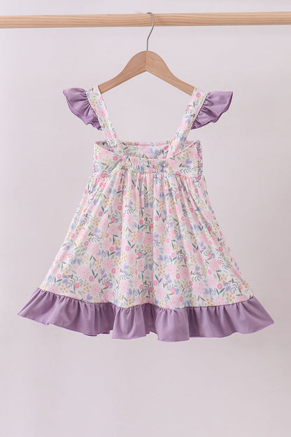 Purple floral smocked ruffle dress