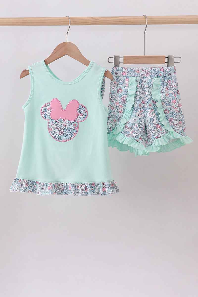Mint floral character applique ruffle shorts set