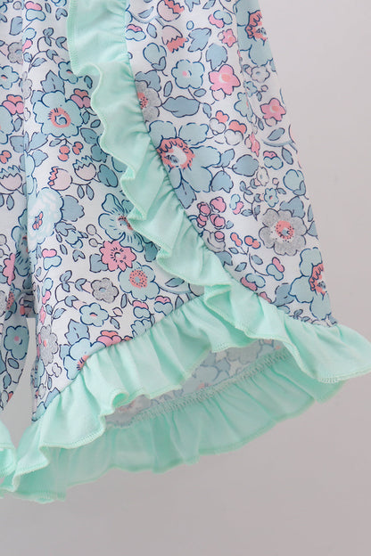 Mint floral character applique ruffle shorts set