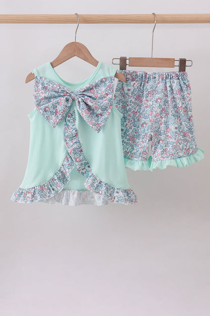 Mint floral character applique ruffle shorts set