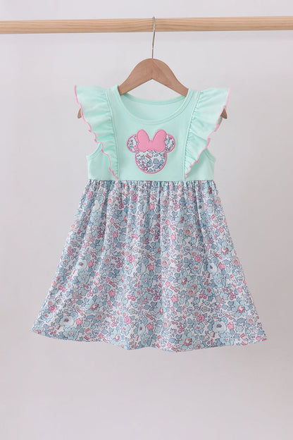 Mint floral character applique ruffle dress