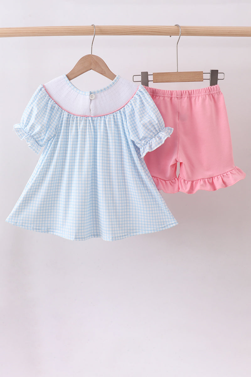 Blue golf cart smocked ruffle shorts set