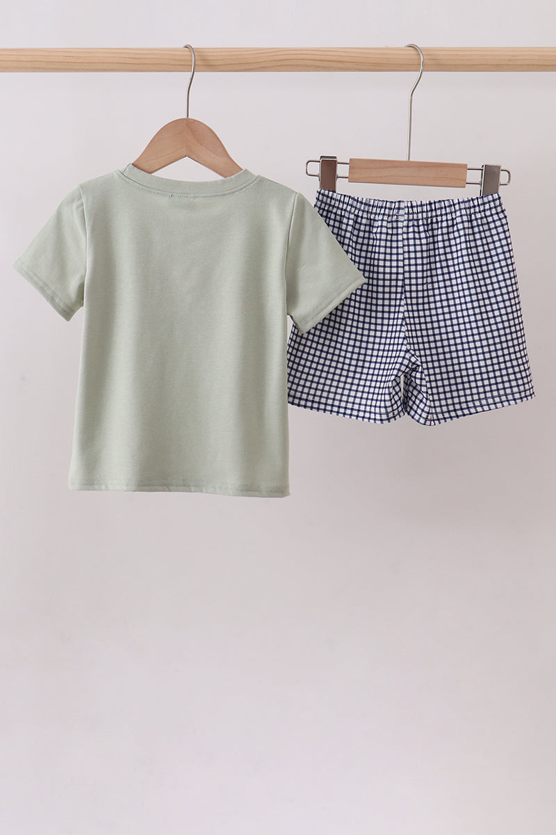 Green farm animal embroidery shorts set