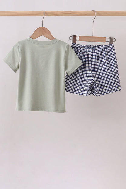 Green farm animal embroidery shorts set