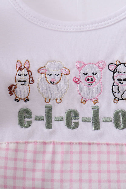 Pink farm animal embroidery ruffle dress