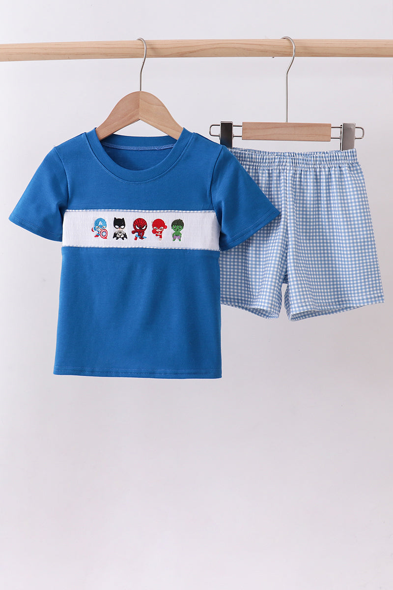 Blue character smocked gingham shorts set