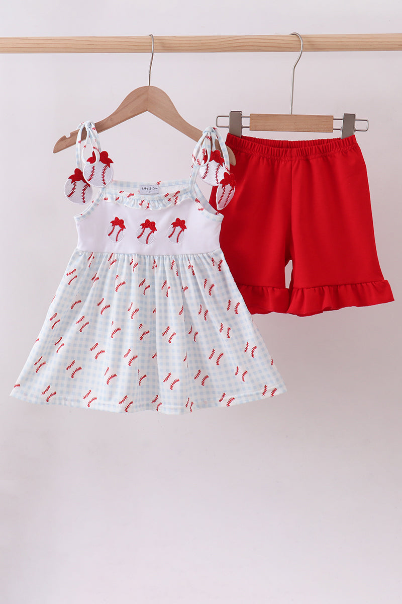 Baseball applique ruffle gingham shorts set