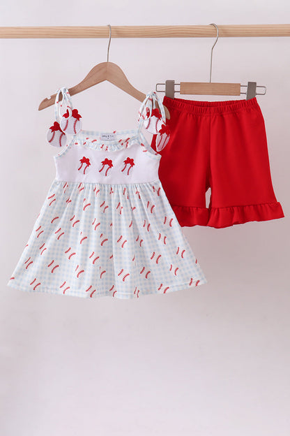 Baseball applique ruffle gingham shorts set