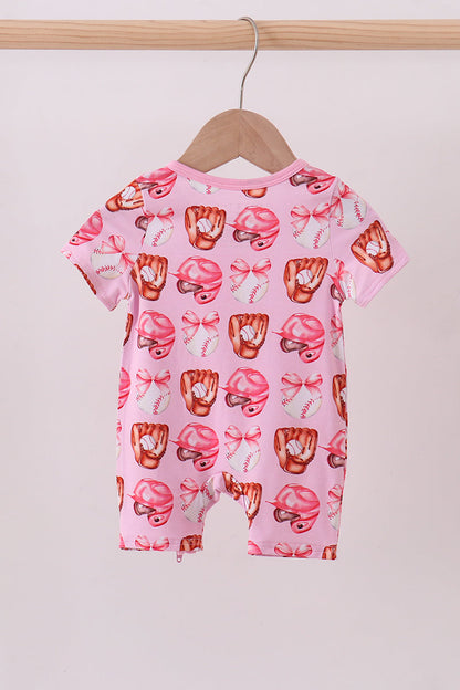 Pink bow baseball bamboo romper