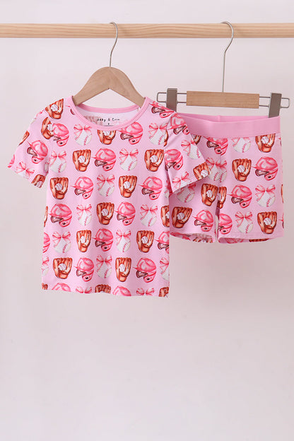 Pink bow baseball bamboo pajama set