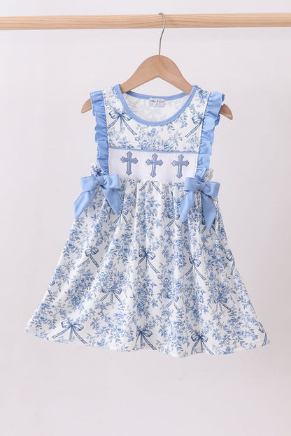 Blue floral cross smocked ruffle dress