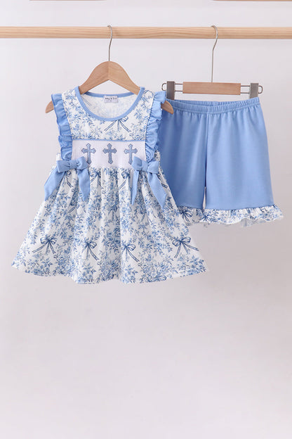 Blue floral cross smocked ruffle shorts set