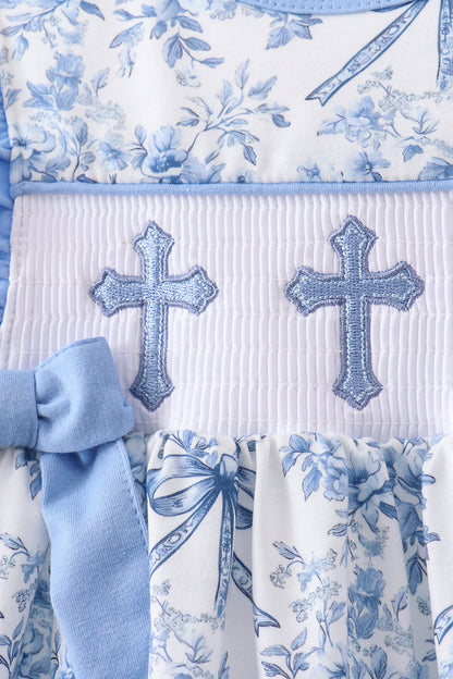 Blue floral cross smocked ruffle shorts set