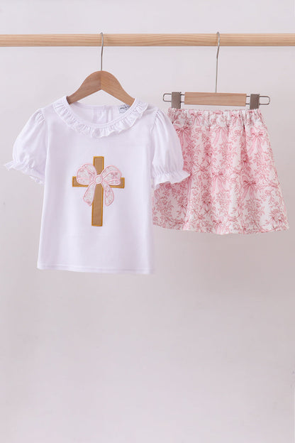 Pink bowknot cross applique skort set
