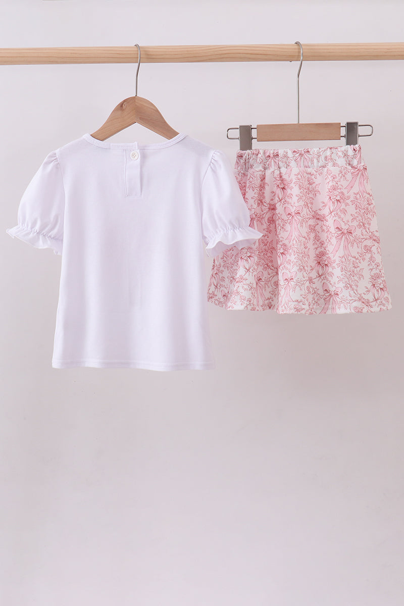 Pink bowknot cross applique skort set
