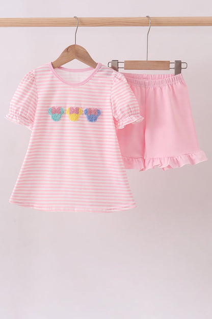 Pink character french knot ruffle shorts set