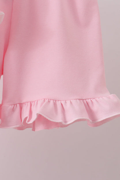Pink character french knot ruffle shorts set