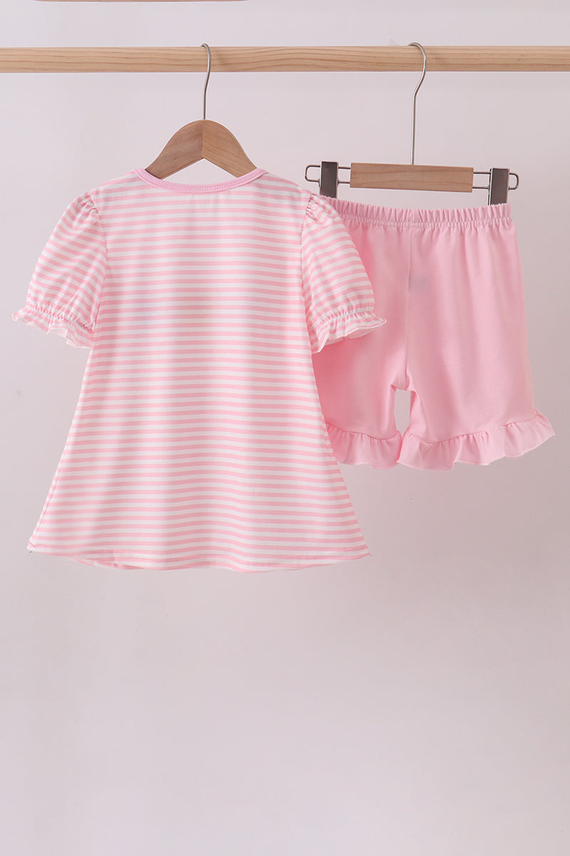 Pink character french knot ruffle shorts set