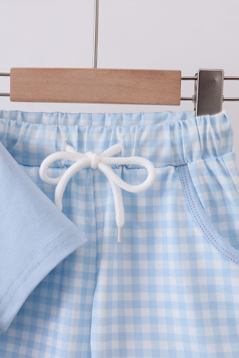 Blue character embroidery gingham shorts set
