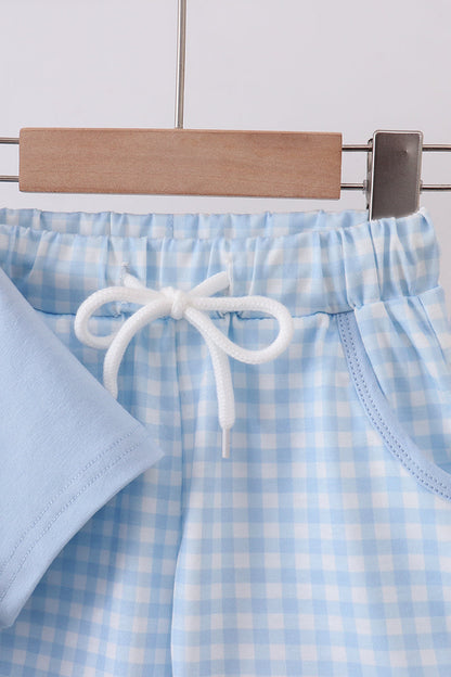 Blue character embroidery gingham shorts set