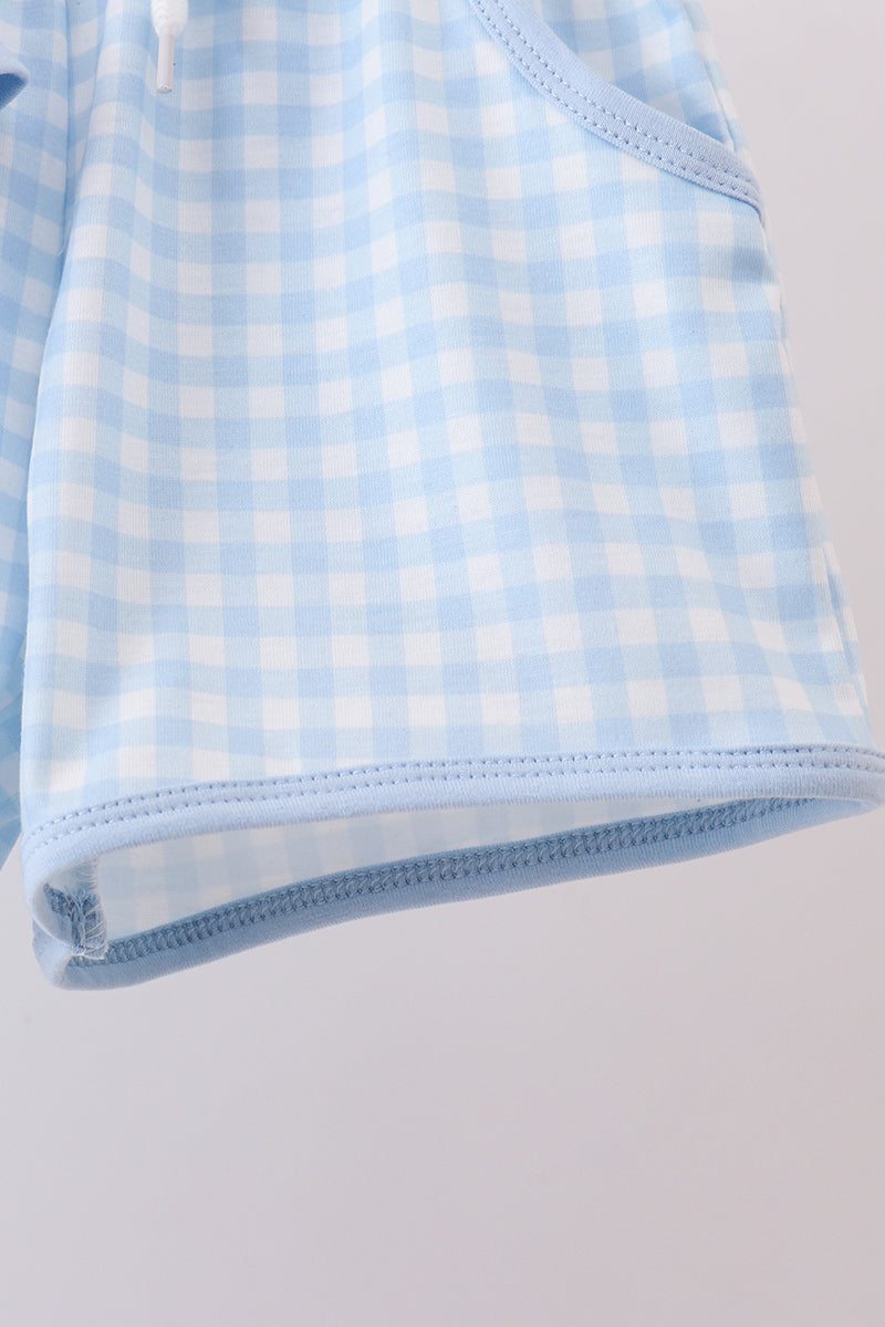 Blue character embroidery gingham shorts set
