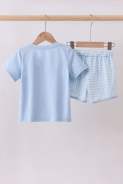 Blue character embroidery gingham shorts set
