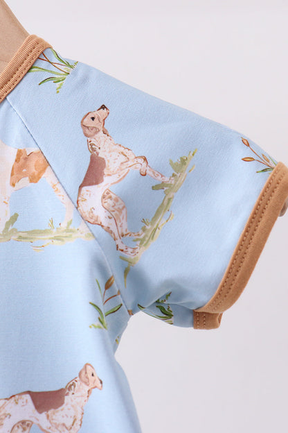 Blue puppy print bamboo romper