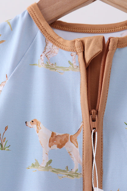 Blue puppy print bamboo romper