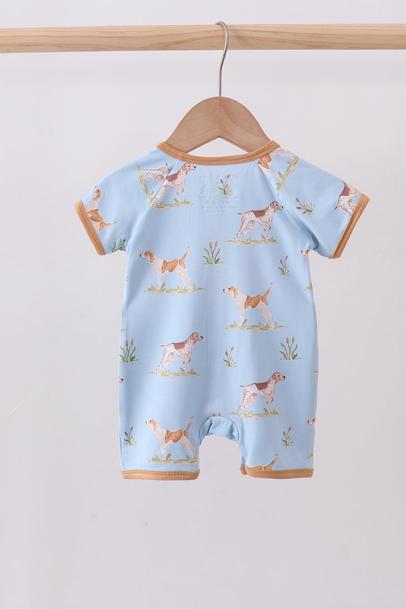 Blue puppy print bamboo romper