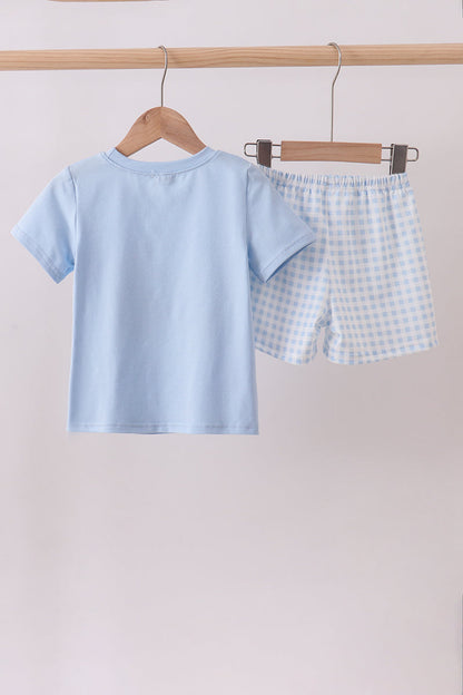 Blue tractor applique shorts set