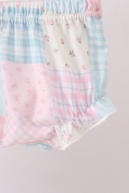Pink Floral Print Checkered Bloomer Set