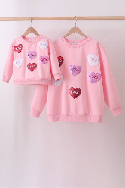 Pink heart love smile sequin fleece mom&me sweatshrit