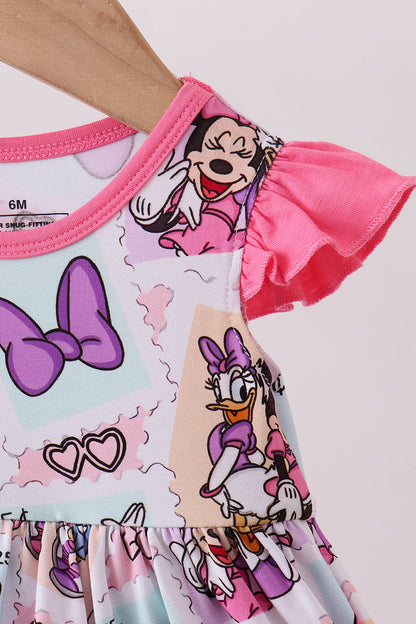 Pink character bamboo ruffle romper