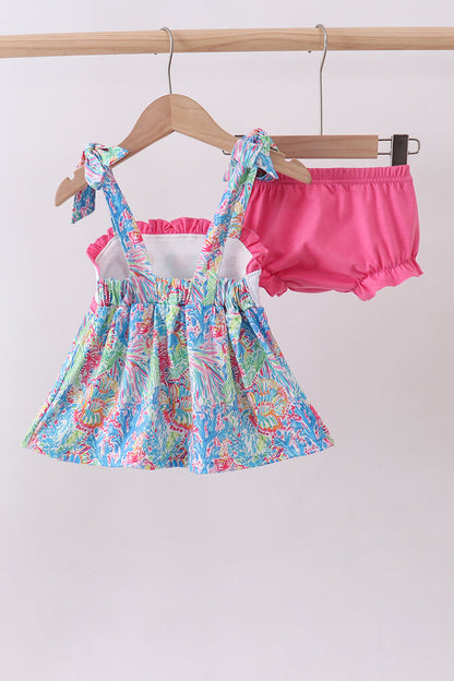 Pink character smocked ruffle bloomer set