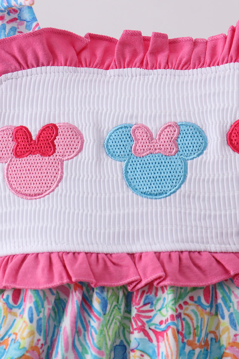 Pink character smocked ruffle bloomer set