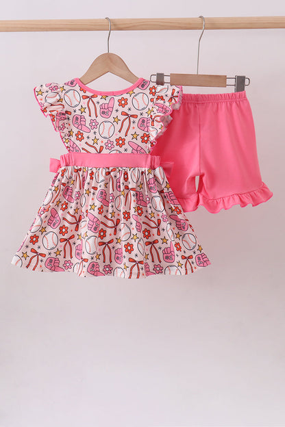 Pink baseball print ruffle shorts set