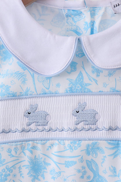 Blue bunny smocked peter pan collar shorts set