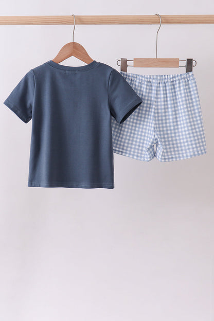 Blue football applique gingham shorts set