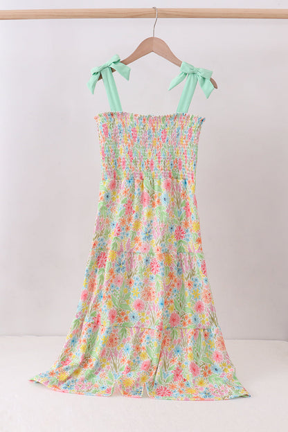 Pink floral smocked tiered dress