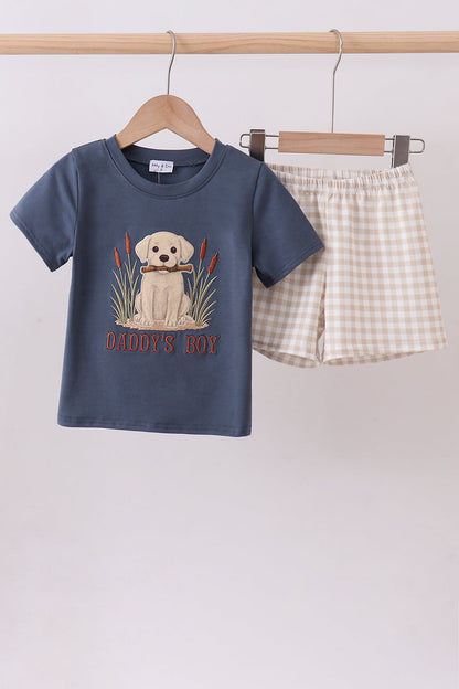 Blue puppy applique gingham shorts set