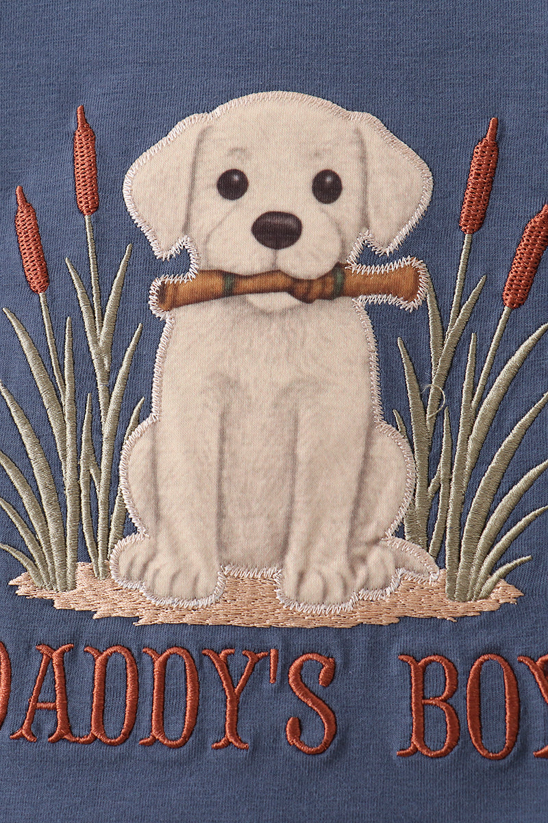 Blue puppy applique gingham shorts set