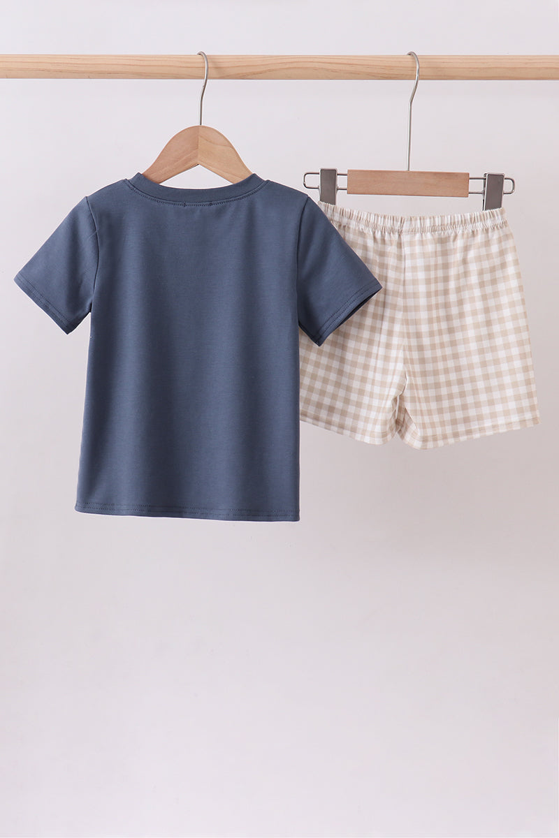 Blue puppy applique gingham shorts set