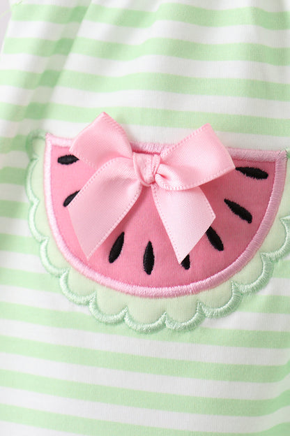 Green watermelon applique ruffle stripe bloomer set