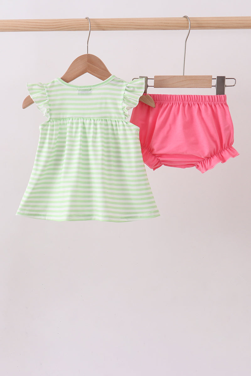 Green watermelon applique ruffle stripe bloomer set