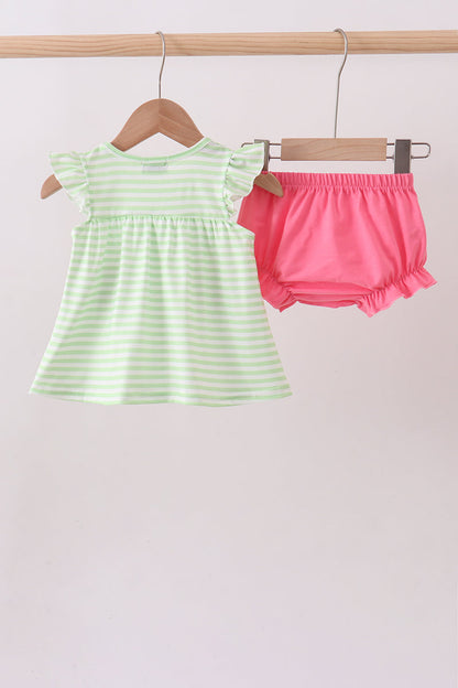 Green watermelon applique ruffle stripe bloomer set