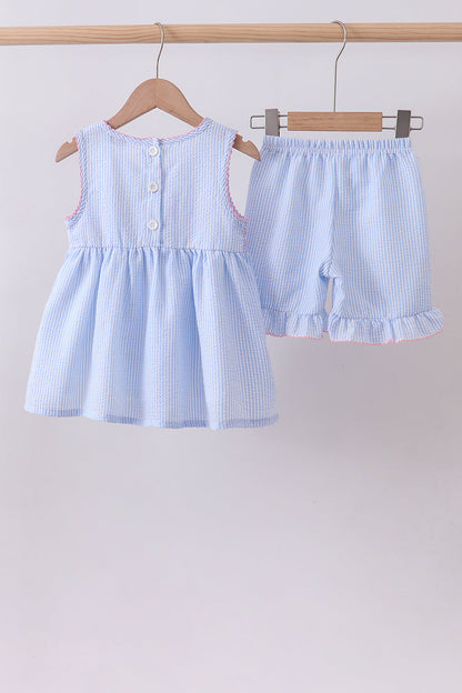 Blue seersucker bow smocked ruffle shorts set