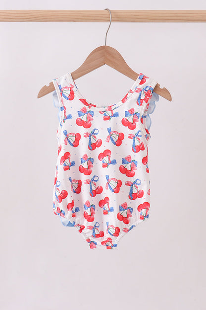 Blue cherry print ruffle swimsuit