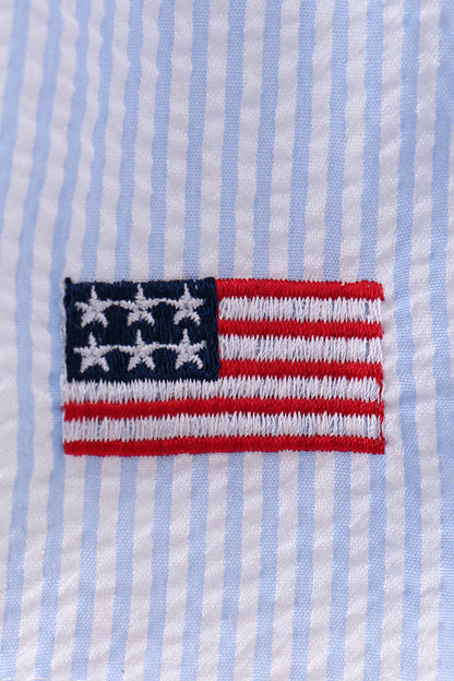 Blue flag embroidery seersucker ruffle shorts set